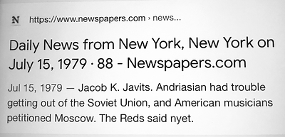 The New York Daily News: U.S. Senator Jacob Javits and Soviet dissident composer Iosif Andriasov (Andriasian). All Rights Reserved.