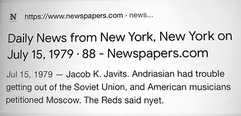 The New York Daily News: U.S. Senator Jacob Javits and Soviet dissident composer Iosif Andriasov (Andriasian). All Rights Reserved.