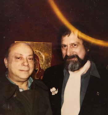 Legendary Soviet dissident composer Iosif Andriasov (Andriasian) and his son-in-law, The Vatican Artist Guillermo Esparza at Esparza's Sacred Art opening. Olympic Tower. New York City.