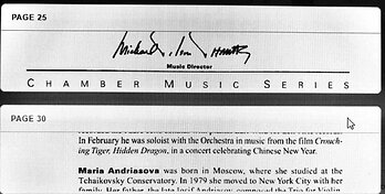 Concert pianist Maria Andriasova performing Iosif Andriasov's compositions. San Francisco Symphony Orchestra Chamber Music series. Maestro Michael Tilson Thomas, music director. All Rights Reserved.