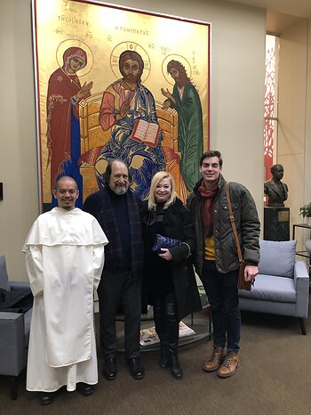 The Artist Guillermo Esparza, Global Ambassador of Peace Maria Stalin-Andriasova and guests at Esparza's Grand Deesis Mural Icon installation. New York University. All Rights Reserved.