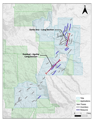 Figure 4 - Plan map of the Santa Ana Project Showing Vein Systems and Section Lines (plan view)