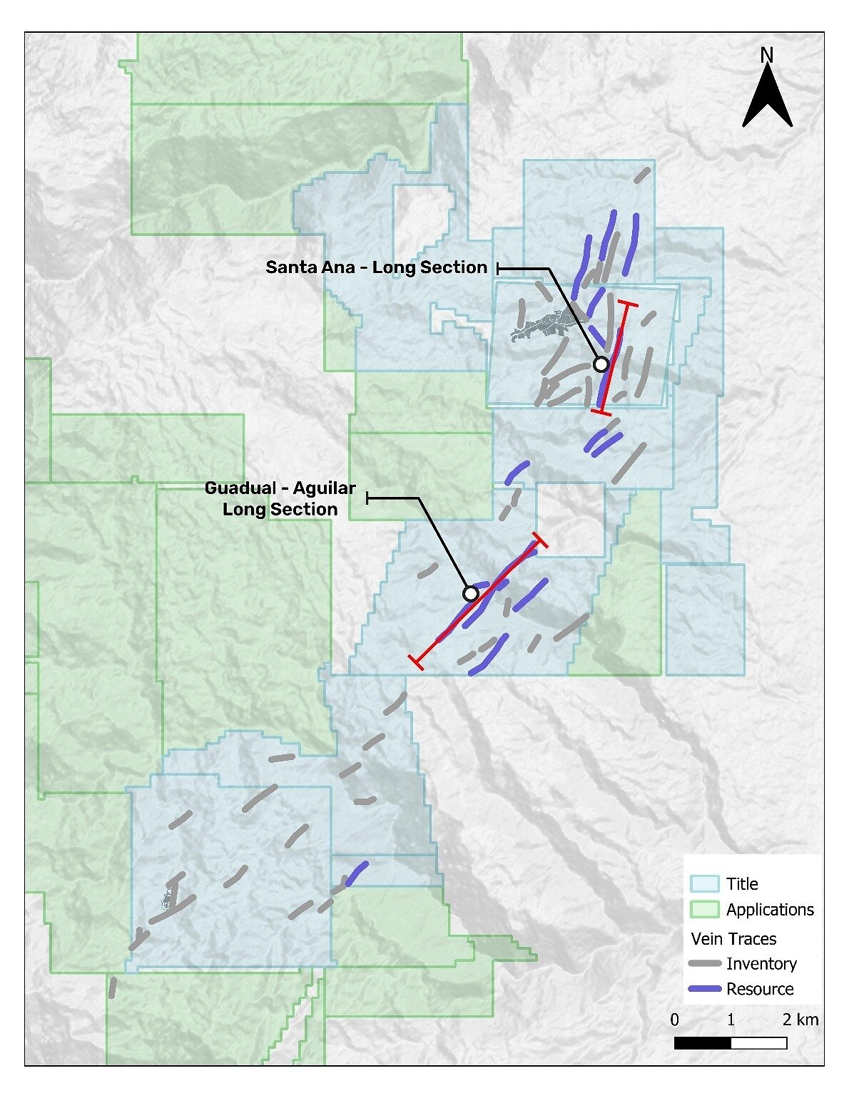 Figure 4 - Plan map of the Santa Ana Project Showing Vein Systems and Section Lines (plan view)