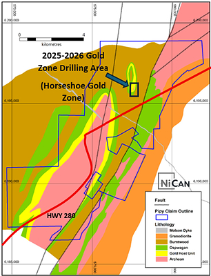 Figure 1: Horseshoe Gold Zone Location within the Pipy South Property including recently staked, newly identified permissive geological setting to the south
