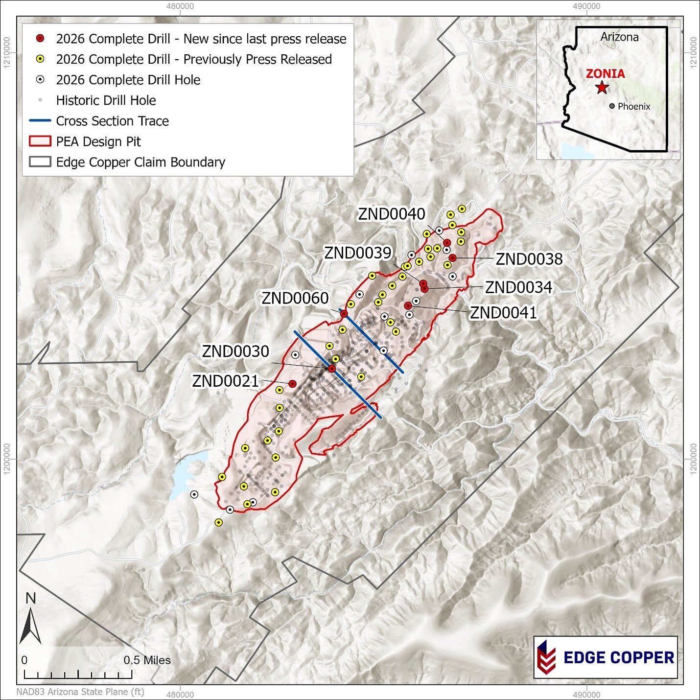 Figure 1: Drill hole plan location map. Cross section locations shown in Figures 2 and 3 are shown by blue lines.