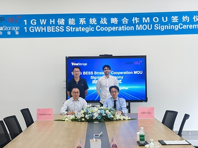 Representatives of Trina Storage and AMP-lify at the signing ceremony for a strategic cooperation MoU covering approximately 1 GWh of grid-connected BESS projects in Japan, held in Chuzhou, China