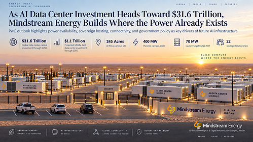 Mindstream Energy's planned 245-acre Al-Risha Sovereign AI & Digital Infrastructure Campus in Jordan is designed to scale to approximately 400 MW, with an initial 70 MW deployment targeted for Q2 2027. The all-modular campus integrates on-site natural gas generation, modular AI/HPC infrastructure, secure connectivity, and physical security. Mindstream Energy's planned 245-acre Al-Risha Sovereign AI & Digital Infrastructure Campus in Jordan is designed to scale to approximately 400 MW, with an initial 70 MW deployment targeted for Q2 2027. The all-modular campus integrates on-site natural gas generation, modular AI/HPC infrastructure, secure connectivity, and physical security.