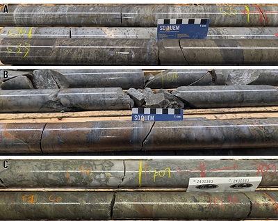 Figure 4. Different types of mineralization intersected by hole 1338-26-103B in the Detour-Selbaie Zone.  Photo A shows mainly pyritic mineralization (locally silver- and zinc-bearing) near the exhalative contact, in the upper level of the favourable stratigraphy. As an example, between 532.90 m and 534.20 m, samples returned grades of 2.03% Zn, 603.1 g/t Ag, 0.67% Pb and 0.10 g/t Au over 1.30 m. Photo B shows mineralization in the intermediate level of the favourable stratigraphy, mainly zinc-b