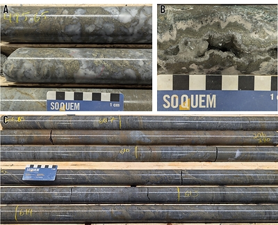 Figure 5. Different types of mineralization intersected by hole 1338-26-110C in the Detour-Selbaie Zone. Photo A shows mainly zinc- and silver-bearing mineralization near the exhalative contact, in the upper level of the favourable stratigraphy. As an example, between 494.60 m and 496.00 m, samples returned grades of 5.88% Zn, 599.3 g/t Ag, 0.67% Pb and 0.27% Cu over 1.40 m. Photo B shows a sample with an epithermal vein between 550.00 m and 551.00 m, which yielded grades of 0.93% Zn, 80.6 g/t A