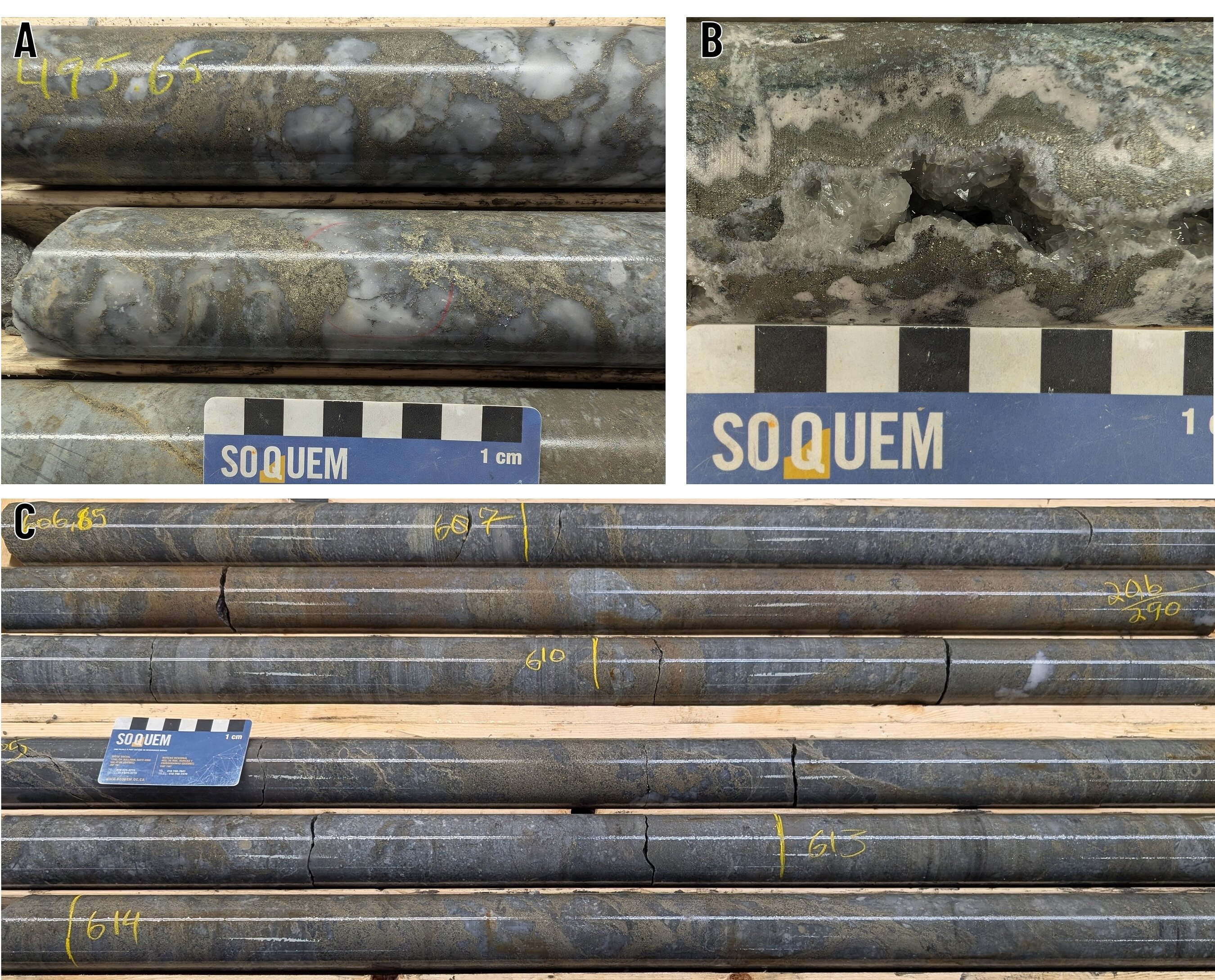 Figure 5. Different types of mineralization intersected by hole 1338-26-110C in the Detour-Selbaie Zone. Photo A shows mainly zinc- and silver-bearing mineralization near the exhalative contact, in the upper level of the favourable stratigraphy. As an example, between 494.60 m and 496.00 m, samples returned grades of 5.88% Zn, 599.3 g/t Ag, 0.67% Pb and 0.27% Cu over 1.40 m. Photo B shows a sample with an epithermal vein between 550.00 m and 551.00 m, which yielded grades of 0.93% Zn, 80.6 g/t A
