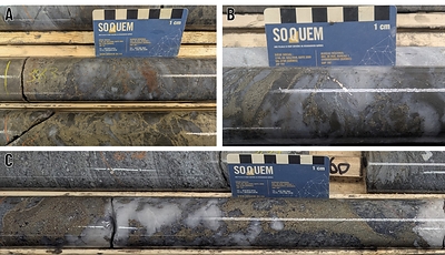 Figure 7. Different types of mineralization intersected in the Silver 2 Zone. Photo A shows mainly pyritic mineralization, locally with sphalerite, galena and native silver, near the exhalative contact within the favourable stratigraphy in hole 1338-26-100. Between 382.90 m and 387.50 m, samples returned grades of 0.71% Zn, 774.1 g/t Ag, 0.45% Pb and 0.28 g/t Au over 4.60 m. Photo B shows a cluster of native silver in the same interval described in “A”.  Between 385.90 m and 387.50 m, samples re