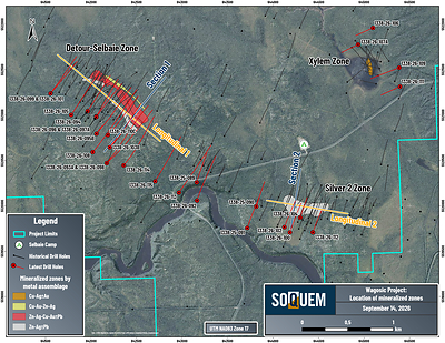 Figure 2. Plan view of the three main showings on the Wagosic Project.