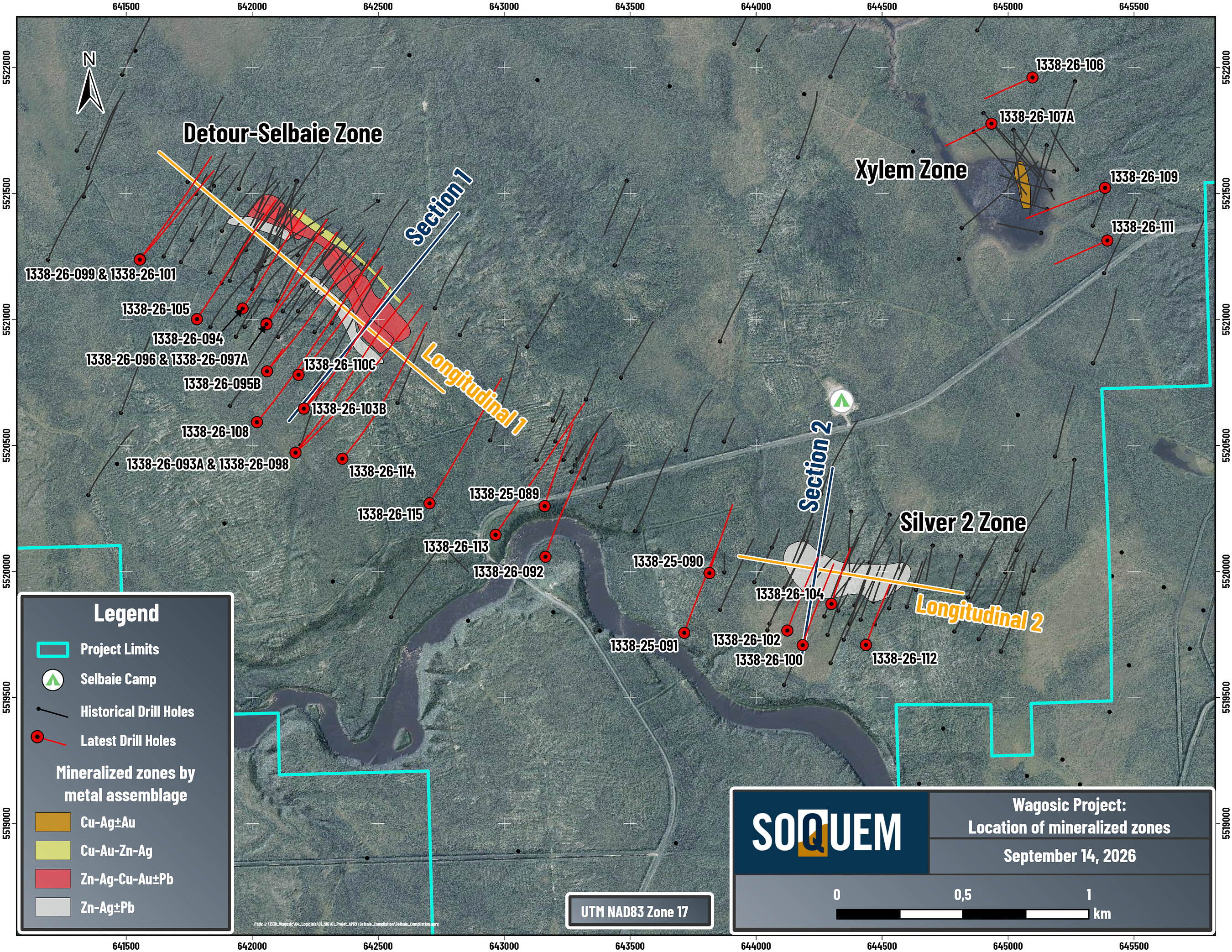 Figure 2. Plan view of the three main showings on the Wagosic Project.