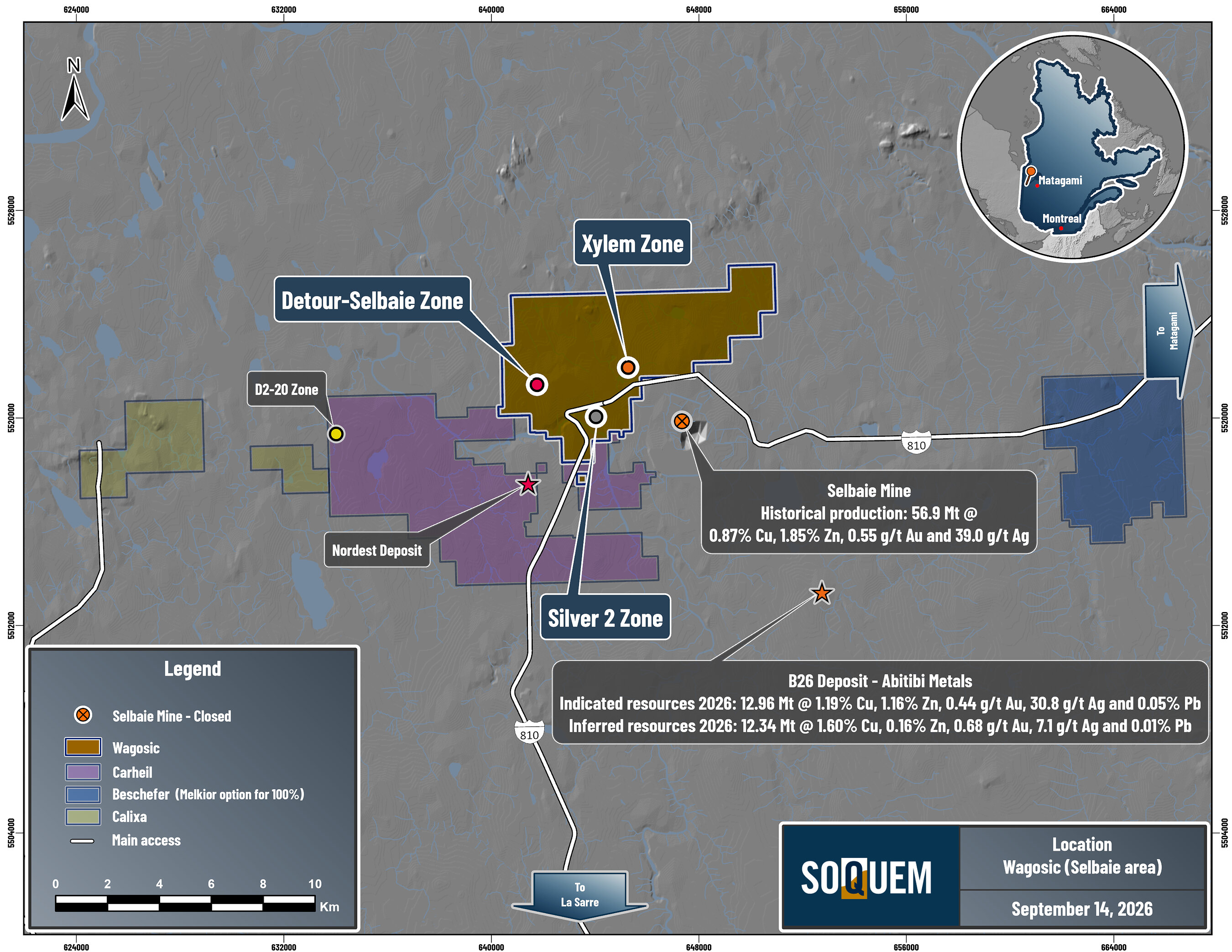 Figure 1. Location of Wagosic and other SOQUEM projects in the Selbaie area.