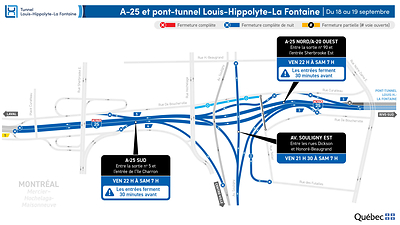 Fermeture complète de l’autoroute 25 dans les deux directions durant la nuit du 18 au 19 septembre Fermeture complète de l’autoroute 25 dans les deux directions durant la nuit du 18 au 19 septembre