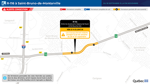 Route 116 à Saint-Bruno-de-Montarville – une seule voie de circulation par direction, pendant les fins de semaine jusqu’à la fin novembre