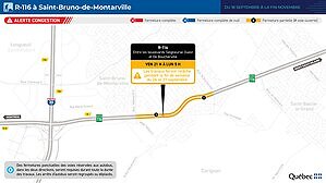 Circulation à contresens sur la route 116, à Saint-Bruno-de-Montarville, durant les fins de semaine jusqu'à la fin novembre