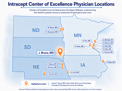 Intracept Center of Excellence Physician Locations Across the Upper Midwest. Source: Publicly available Intracept physician locator data accessed May 2026. Counts reflect individual Intracept Center of Excellence physicians, not clinic locations. Intracept Center of Excellence Physician Locations Across the Upper Midwest. Source: Publicly available Intracept physician locator data accessed May 2026. Counts reflect individual Intracept Center of Excellence physicians, not clinic locations.