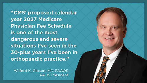 AAOS issued its formal comment letter to CMS today. The letter details orthopaedic surgeons’ concerns and recommendations relating to the calendar year 2027 Medicare Physician Fee Schedule (PFS) proposed rule. AAOS issued its formal comment letter to CMS today. The letter details orthopaedic surgeons’ concerns and recommendations relating to the calendar year 2027 Medicare Physician Fee Schedule (PFS) proposed rule.
