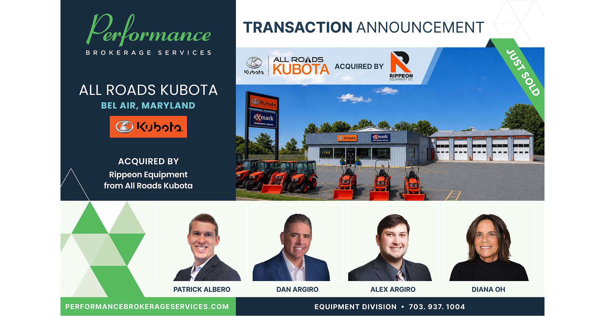 Performance Brokerage Services Advises on the Sale of All Roads Kubota in Bel Air, Maryland, from the All Roads Company to Rippeon Equipment