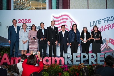 Mr. Heng Swee Keat, Former Deputy Prime Minister of Singapore and Chairman of the National Research Foundation, Singapore; Mr. Adam Click, AmChamSG Chairman and Regional Client Lead, Global Business Organization, Google Asia Pacific; Dr. Hsien-Hsien Lei, AmChamSG CEO; and the judges and recipients of the US250 Corporate Excellence award (photos of other award recipients appended)