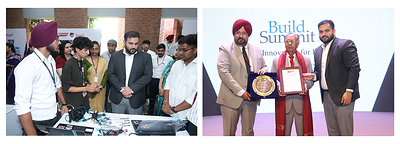 Managing Director Chandigarh University Jai Inder Sandhu taking tour of the startups and honoring noted Civil Engineer R K Jain with Bharat Nirman Samman Award