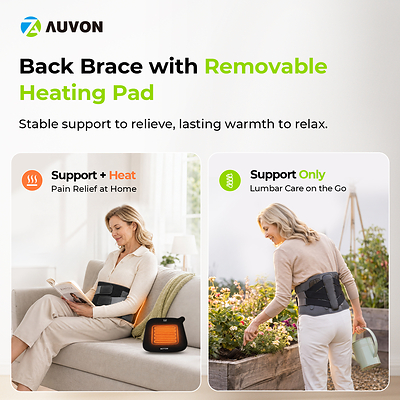 AUVON’s innovative back brace integrates adjustable lumbar support with a removable heating pad to address lower back discomfort. Users can switch between two modes: support plus heating therapy for soothing muscle relaxation at home, or standalone lumbar support for lightweight waist protection during gardening, work and outdoor activities. Designed to stabilize the lumbar spine and ease back soreness, this wearable waist brace delivers reliable back care for both indoor rest and on-the-go daily use.