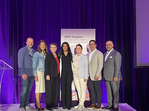 Executives from Amazon Web Services, Rutgers Robert Wood Johnson Medical School and RWJBarnabas Health gather at the AWS Imagine Summit in Chicago after announcing the launch of the Rutgers/RWJBarnabas Health Innovation Hub, powered by AWS, one of the nation’s first technology innovation hubs that brings together a medical school, academic health system and cloud technology leader to advance patient care and medical education. Executives from Amazon Web Services, Rutgers Robert Wood Johnson Medical School and RWJBarnabas Health gather at the AWS Imagine Summit in Chicago after announcing the launch of the Rutgers/RWJBarnabas Health Innovation Hub, powered by AWS, one of the nation’s first technology innovation hubs that brings together a medical school, academic health system and cloud technology leader to advance patient care and medical education.