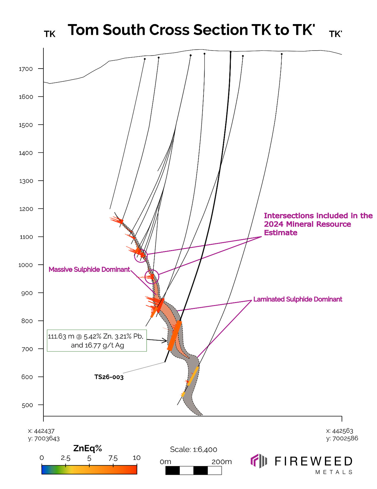 Figure 1 Cross section TK to TK': Drillholes TS26-003. Intersected thicknesses shown – see Table 1 for full results and true thicknesses. Folded interpretation is preliminary and requires additional drilling to better determine the geological structure.