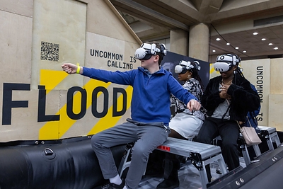 Disasterville, a mixed-reality experience from the Army National Guard, places students at the center of simulated Guard missions like flood rescues. Students will board their Zodiac and use headlamps to find and safely evacuate survivors while avoiding dangerous wildlife and other lurking hazards. 
