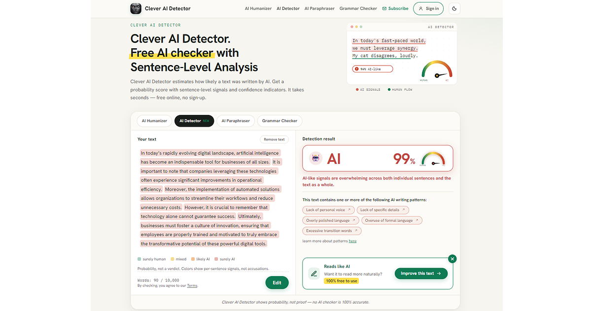 Check AI-Generated Text for Free with Clever AI Detector