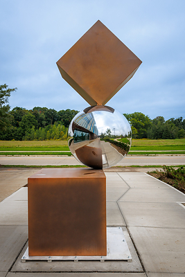 TextNow commissioned Équilibre Oblique, a permanent public sculpture by Canadian artist Philippe Pallafray in Waterloo's Research and Technology Park. Photo Credit - Alex Kinsella for TextNow.