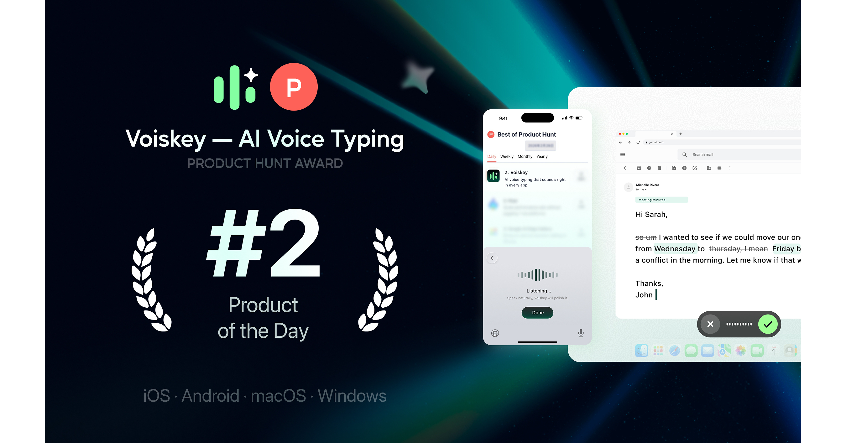 Voiskey Ranks #2 on Product Hunt, Launching Enhanced Context-Aware Polish to Bridge the "Expression Gap"