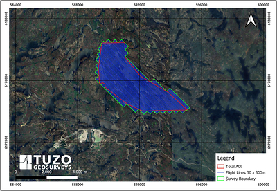 Figure 2: Planned UAV survey coverage showing the area of interest (red), the survey boundary (green) and the 30-metre flight lines with 300-metre tie lines (blue), NAD83 UTM Zone 13N