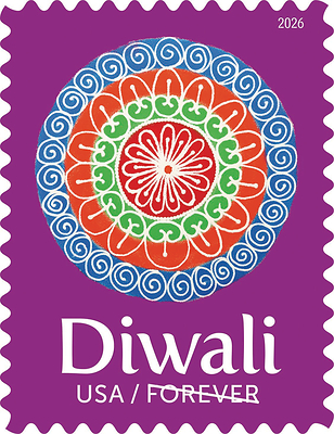 The 2026 Diwali stamp features an image of a rangoli, a colorful floor pattern, created in and around a home during the Hindu festival to bring good fortune.