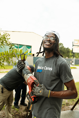Wesco employee participating in a Habitat for Humanity build.