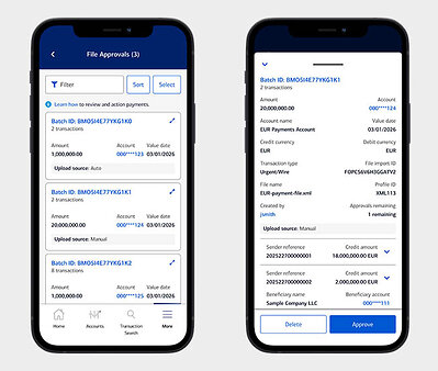 Pictured: The images show the updated payment approval experience on the CashPro App. The right image illustrates the details of one of the payments listed on the left image. Pictured: The images show the updated payment approval experience on the CashPro App. The right image illustrates the details of one of the payments listed on the left image.