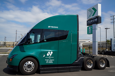 Nevoya, a Forum Mobility customer, with a Tesla Semi at FM Harbor