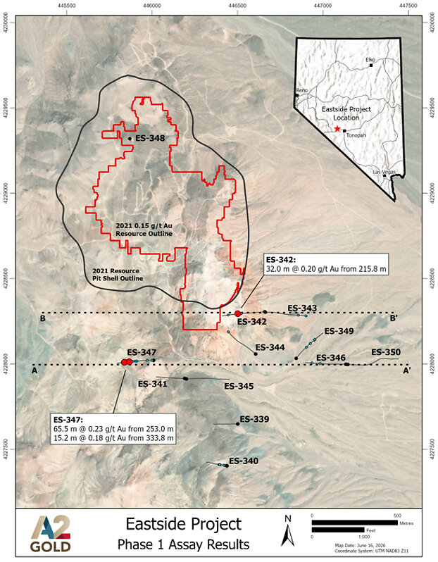 Figure 1: Plan map of the McIntosh Target showing the existing resource and associated pit shell, 2026 Phase 1 RC drill hole locations, the southeast resource extension in hole ES-342, and the new southwest discovery in hole ES-347. Figure 1: Plan map of the McIntosh Target showing the existing resource and associated pit shell, 2026 Phase 1 RC drill hole locations, the southeast resource extension in hole ES-342, and the new southwest discovery in hole ES-347.