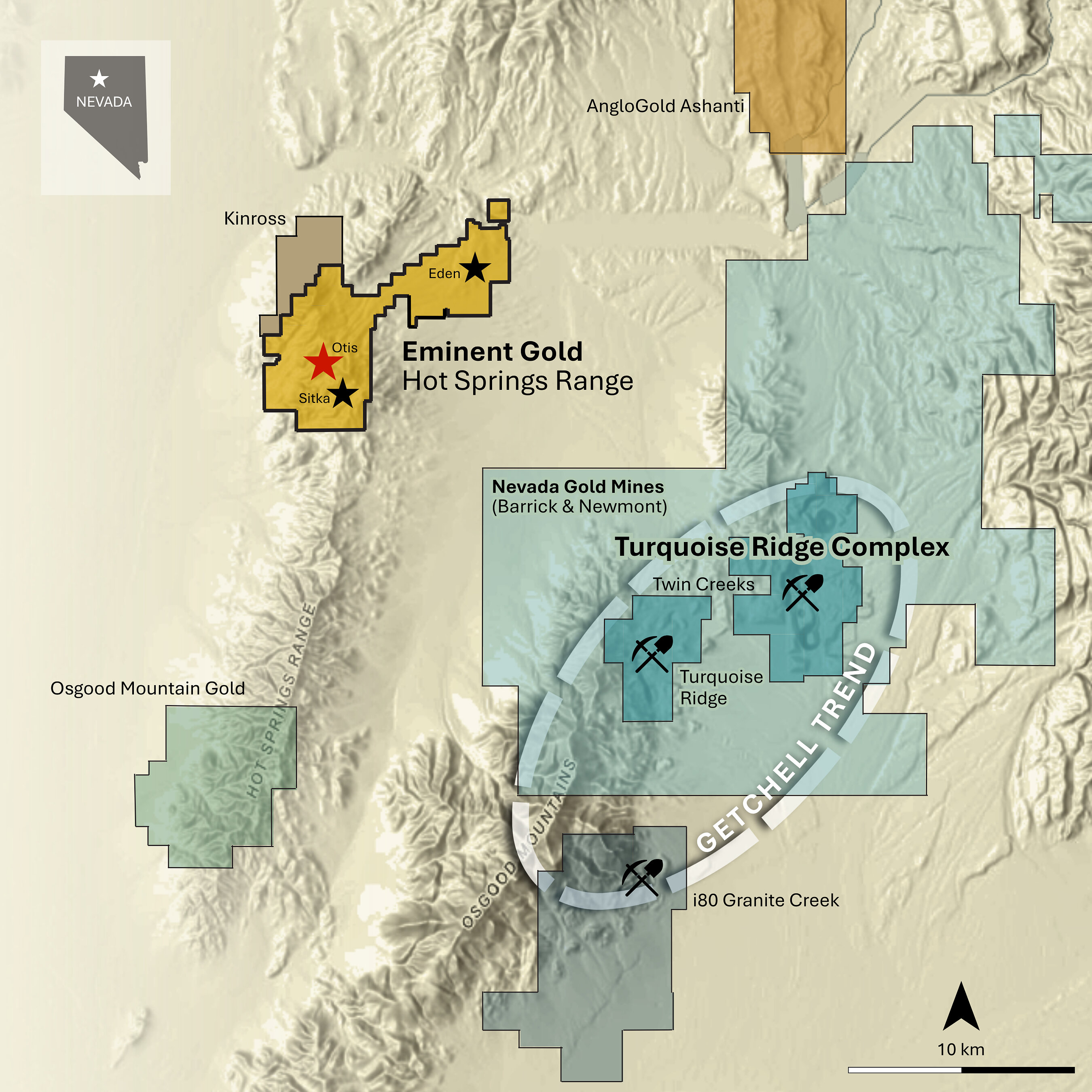 Figure 6. Regional location of HSRP relative to the Getchell Trend and the Turquoise Ridge–Twin Creeks operations. Those deposits are adjacent properties. Mineralization on adjacent properties is not necessarily indicative of mineralization at HSRP. Figure 6. Regional location of HSRP relative to the Getchell Trend and the Turquoise Ridge–Twin Creeks operations. Those deposits are adjacent properties. Mineralization on adjacent properties is not necessarily indicative of mineralization at HSRP.