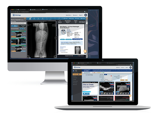 Vetology's AI Report and worklist. The desktop shows a multi-region AI screening report next to the patient's radiographs. The laptop shows the worklist, where the clinic uploads and tracks its cases. Vetology's AI Report and worklist. The desktop shows a multi-region AI screening report next to the patient's radiographs. The laptop shows the worklist, where the clinic uploads and tracks its cases.