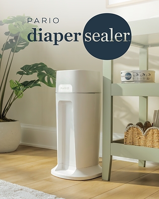 The Pario DiaperSealer™ unit and Cartridge Refill, shown in a nursery setting.