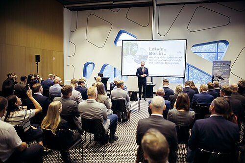 Minister of Economics Viktors Valainis addresses the Latvian business delegation at the opening of the trade mission programme in Berlin This image opens in the lightbox