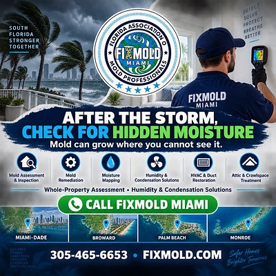 Your home may hide moisture after a storm, so trust FixMold for professional mold assessment, moisture mapping, and remediation across South Florida.