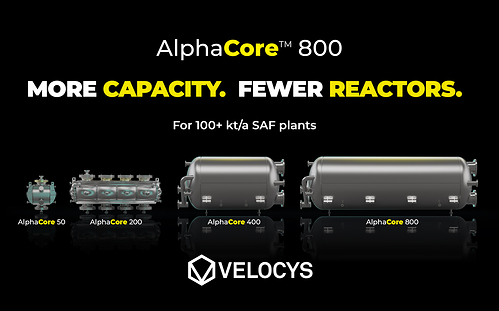 The Velocys AlphaCore™ Fischer-Tropsch reactor family, from AlphaCore 50 through AlphaCore 800. The new AlphaCore 800 is designed to provide more FT capacity per reactor for larger sustainable aviation fuel and e-fuels projects, including SAF plants of 100 kt/a and above.