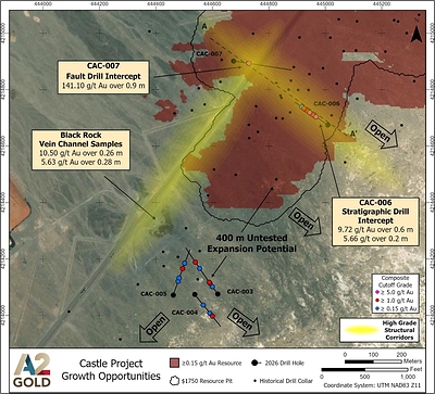 Figure 3: Plan map that shows the current Castle mineral resource, interpreted northeast- and northwest-striking structural corridors, and areas for potential resource expansion and follow-up drilling.