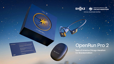 The OpenRun Pro 2 Bank of America Chicago Marathon Co-Branded Edition features a distinctive deep blue and gold design inspired by the Chicago Marathon and personal miles of every runner.