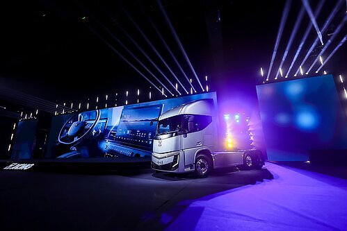 The XCMG Hanjing new-generation new energy heavy truck is unveiled on stage at a launch event in XuZhou, China. This image opens in the lightbox