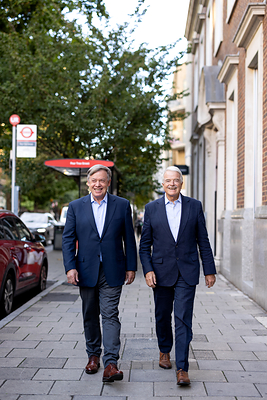 ASU President Michael Crow (left) and ASU London Professor and Chair of the Board of Trustee Directors Sir Malcolm Grant walk around the Clerkenwell neighborhood of London on Sept. 16, 2026. (Photo by Samantha Chow/Arizona State University)