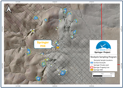 Figure 3 - Identified stockpiles (28 total) with corresponding samples (499) at Springer Figure 3 - Identified stockpiles (28 total) with corresponding samples (499) at Springer